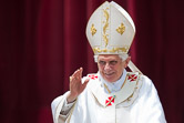 Pope Benedict XVI waves to the faithful after celebrating a mass in St. Peter's square with 10000 priests marking the end of the Roman Catholic Church's Year for Priests. Vatican City, June 11, 2010.